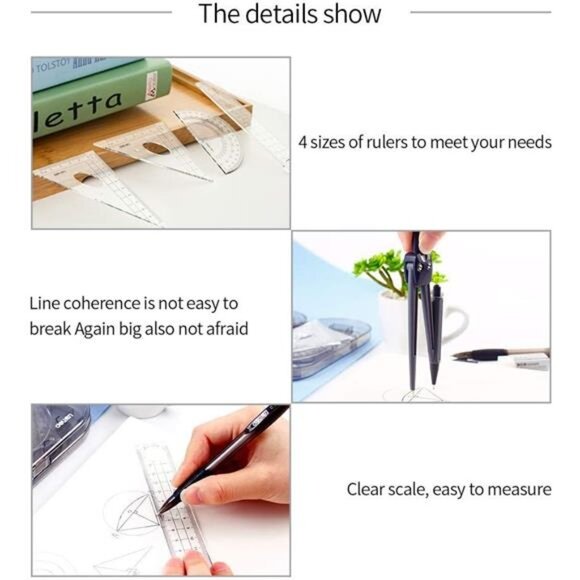 Math Geometry Kit Set, 8 Pieces w/ Shatterproof Storage Box - Rulers, Protractor - Picture 4 of 7